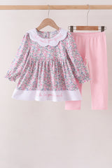 Pink Floral Embroidery Pants Set