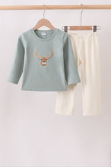 Sage Deer Embroidery Pants Set
