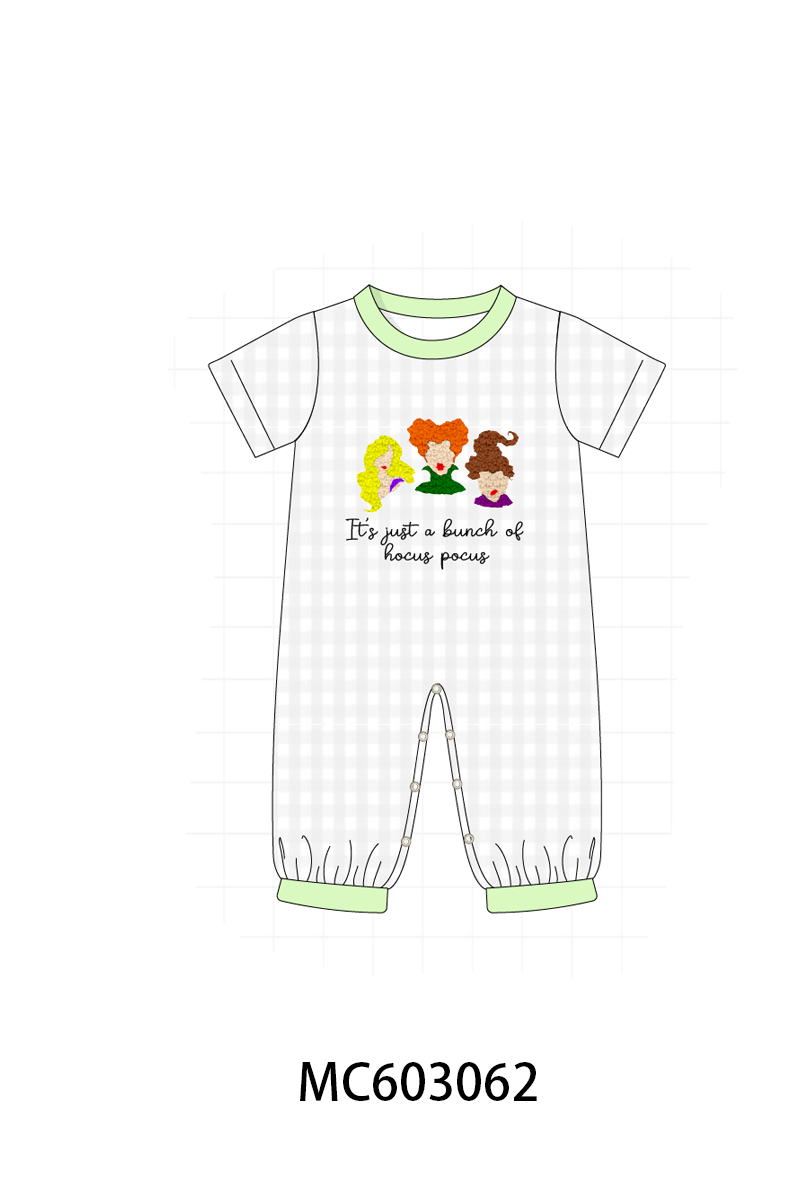 Green Hocus pocus french knot gingham romper