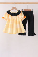 Mustard Candy Embroidery Gingham Ruffle Pants Set