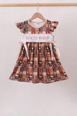 Brown Made to Worship Embroidery Ruffle Dress