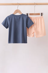 Orange Pumpkin Embroidery Gingham Shorts Set