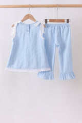 Blue Jacquard Lace Ruffle Pants Set