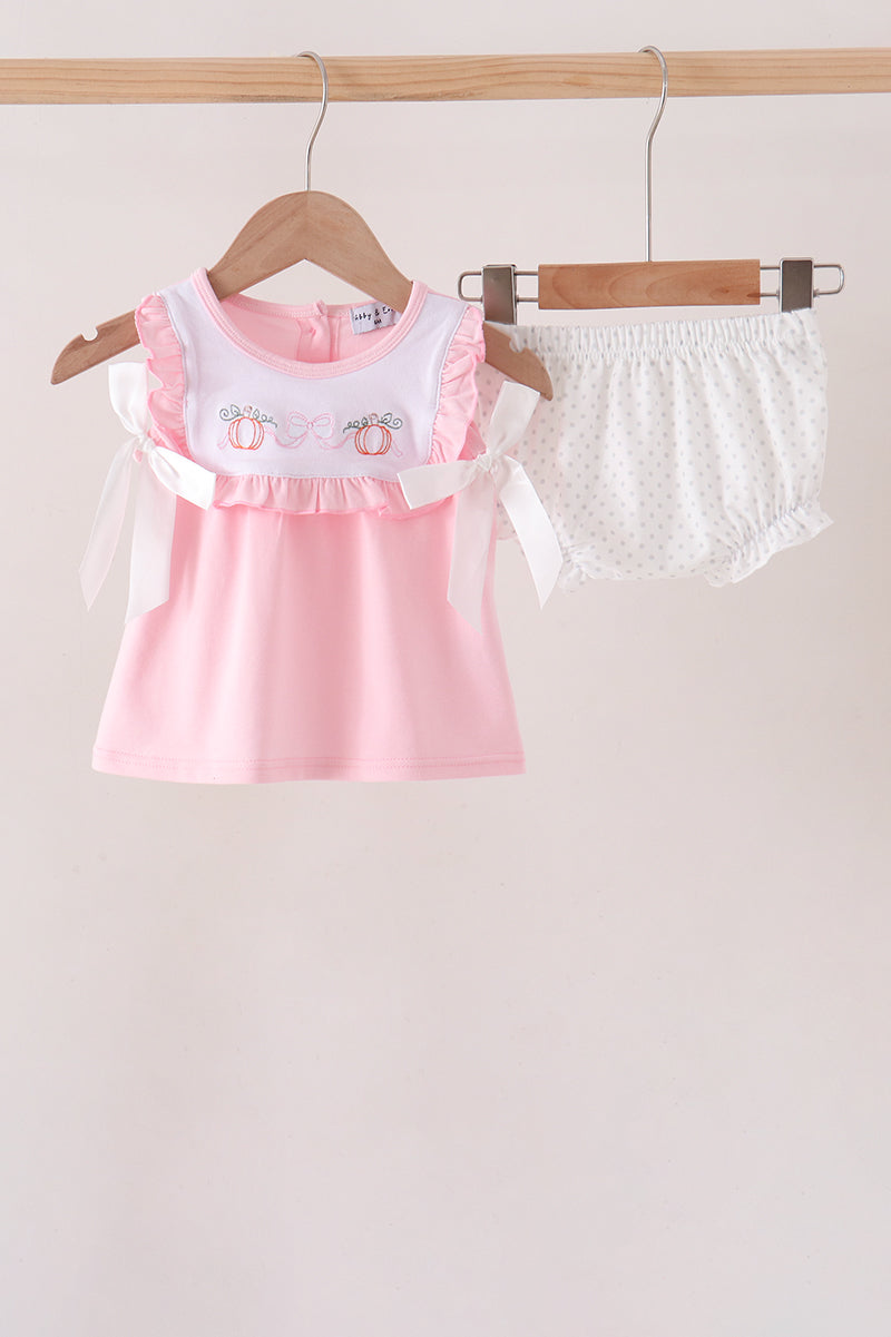 Pink Pumpkin Bow Embroidery Ruffle Bloomer Set