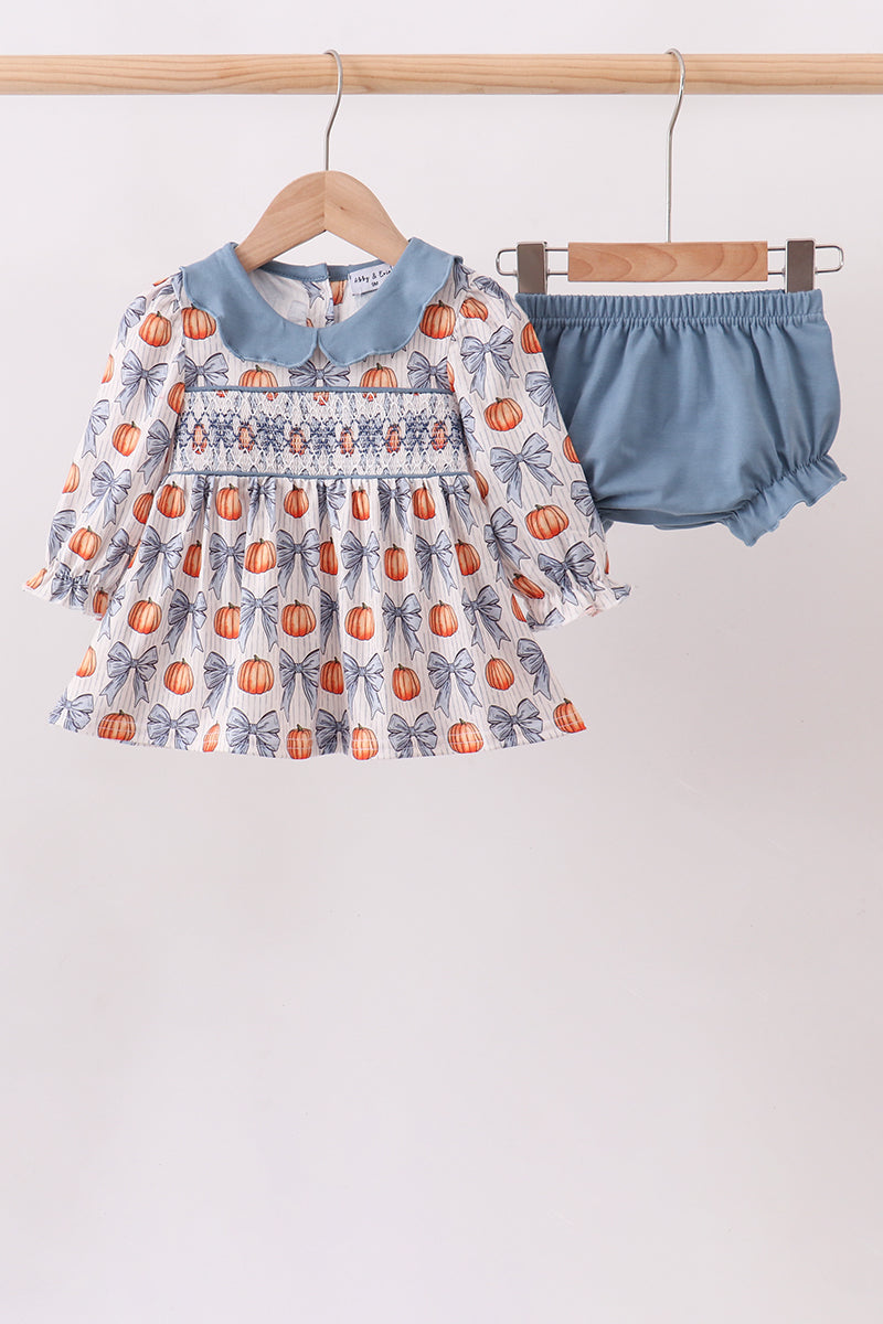 Blue Pumpkin Bow Smocked Bloomer Set