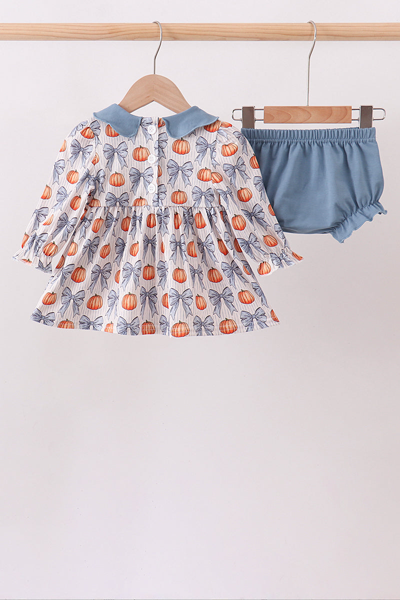 Blue Pumpkin Bow Smocked Bloomer Set