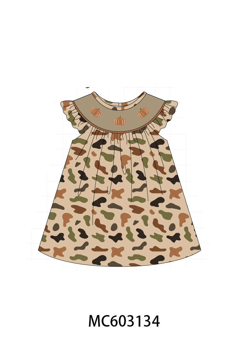 Camouflage Pumpkin Embroidery Ruffle Dress