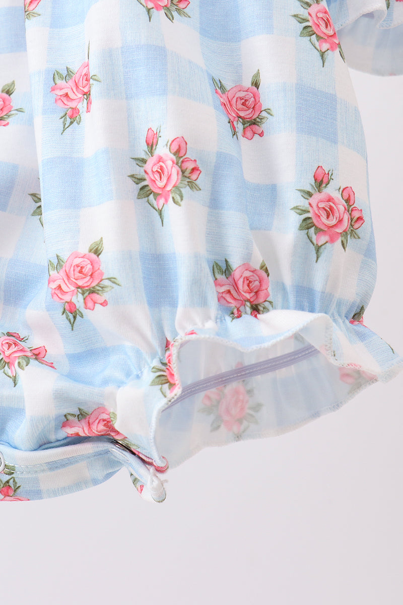 Blue Bow Smocked Floral Gingham Bubble