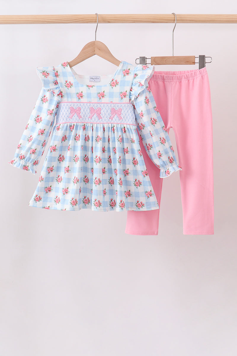 Blue Bow Smocked Gingham Pants Set