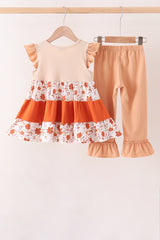 Floral Pumpkin Embroidery Ruffle Pants Set