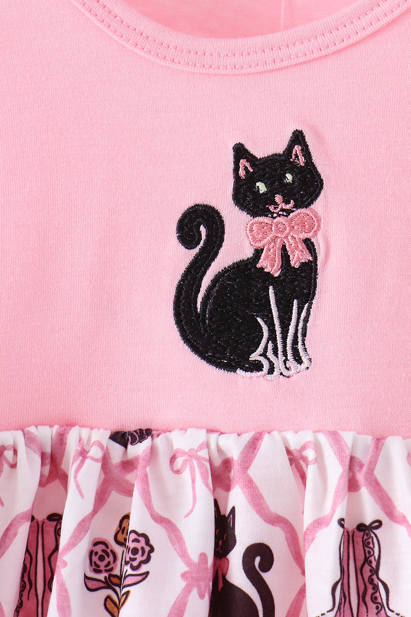 Pink Cat Embroidery Ruffle Bubble