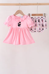 Pink Cat Embroidery Ruffle Bloomer Set