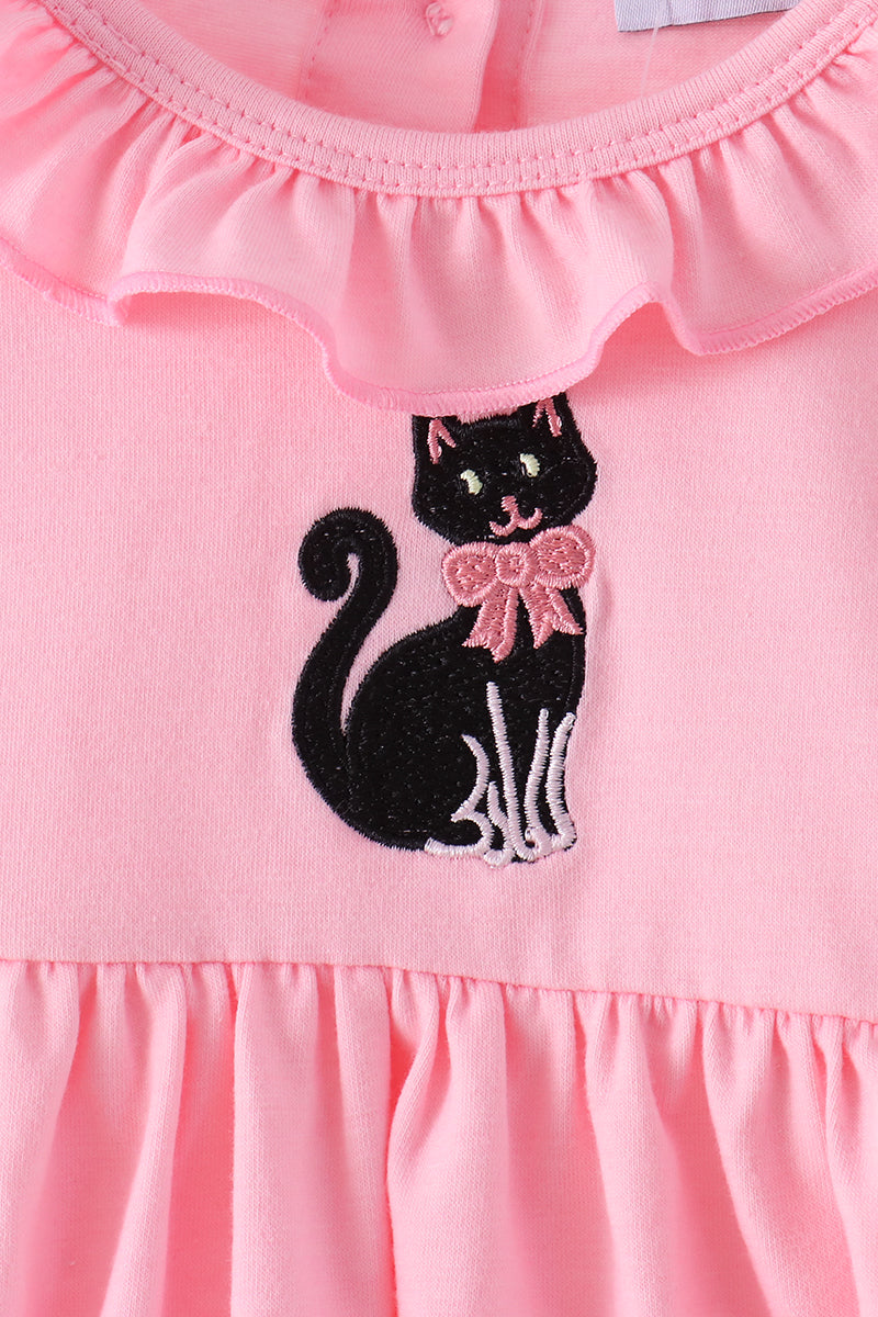 Pink Cat Embroidery Ruffle Bloomer Set