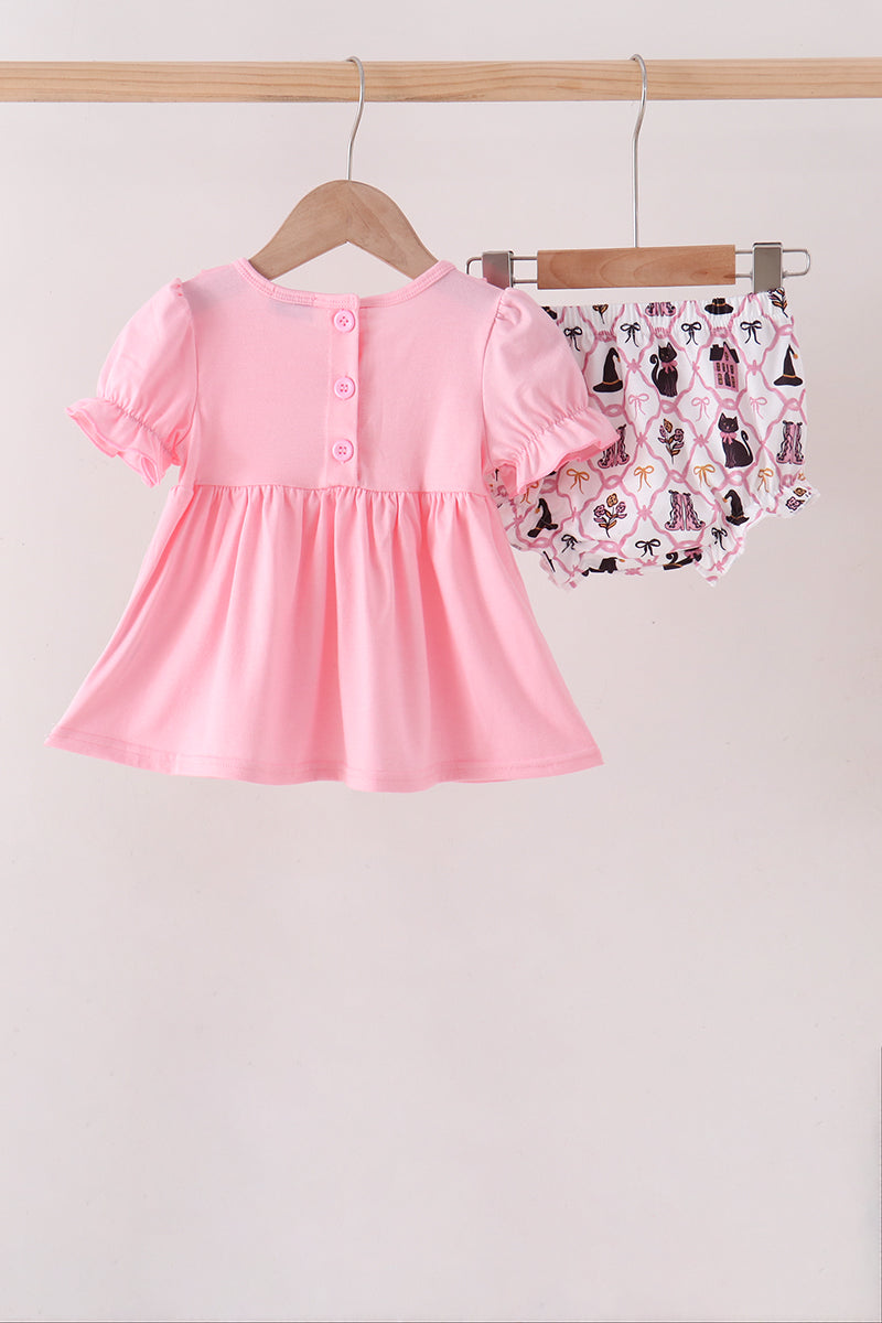 Pink Cat Embroidery Ruffle Bloomer Set