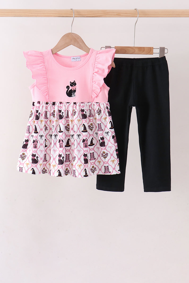 Pink Cat Embroidery Ruffle Pants Set