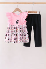 Pink Cat Embroidery Ruffle Pants Set