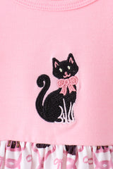 Pink Cat Embroidery Ruffle Pants Set