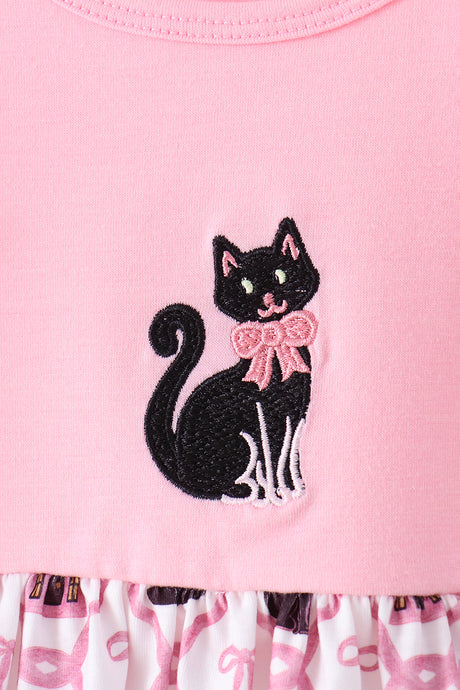 Pink Cat Embroidery Ruffle Pants Set