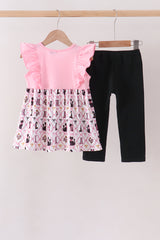Pink Cat Embroidery Ruffle Pants Set