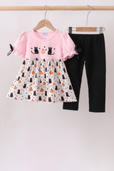 Pink Pumpkin Cat Embroidery Pants Set