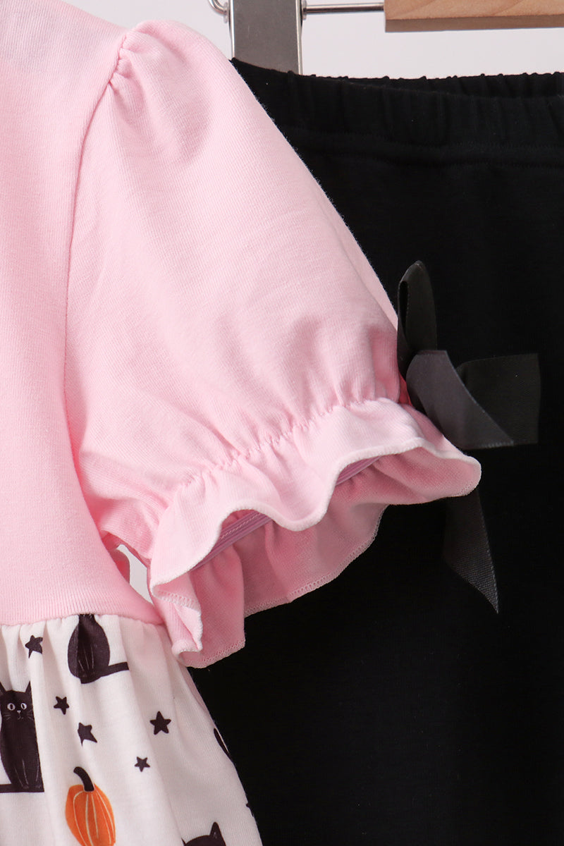 Pink Pumpkin Cat Embroidery Pants Set