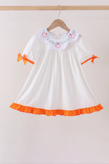 Orange Pumpkin Bow Embroidery Ruffle Dress