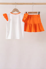 Orange Pumpkin Bow Embroidery Ruffle Skorts Set