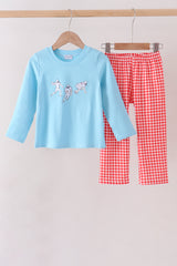 Blue Football Embroidery Gingham Pants Set