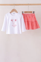White Cheerleader Embroidery Gingham Skorts Set
