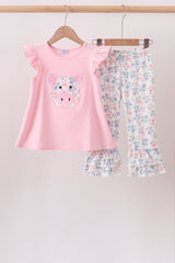 Pink Piggy Applique Ruffle Pants Set