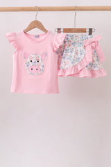 Pink Piggy Applique Ruffle Skorts Set
