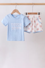 Blue Touchdown Embroidery Football Shorts Set