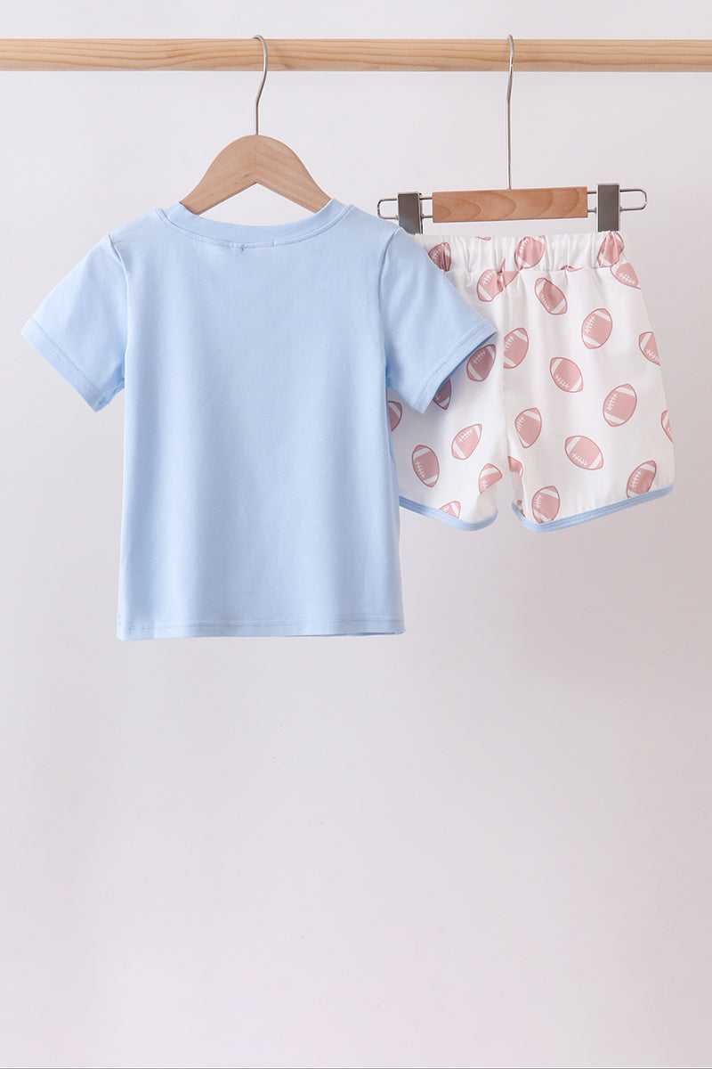 Blue Touchdown Embroidery Football Shorts Set