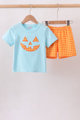Blue Jack-O-Lantern Applique Gingham Shorts Set