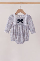 Navy Floral Bow Smocked Bubble