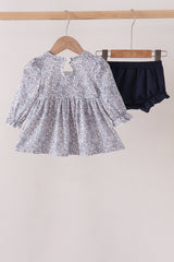 Navy Floral Bow Smocked Bloomer Set