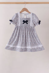 Navy Floral Bow Smocked Dress