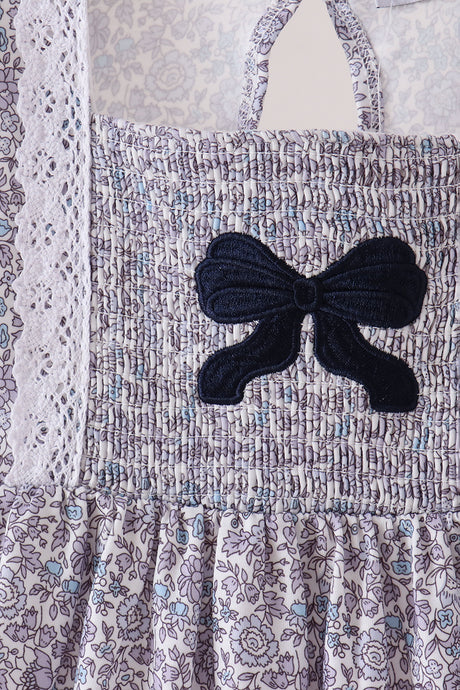 Navy Floral Bow Smocked Dress