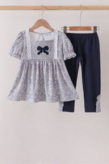 Navy Floral Bow Smocked Pants Set