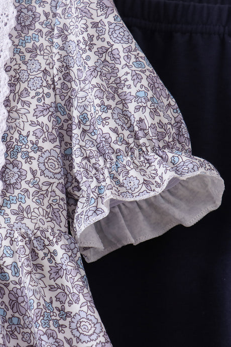 Navy Floral Bow Smocked Pants Set
