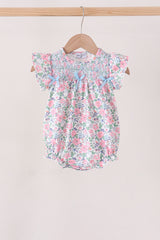 Blue Floral Smocked Ruffle Bubble