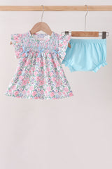 Blue Floral Smocked Ruffle Bloomer Set