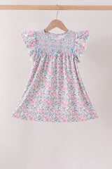 Blue Floral Smocked Ruffle Dress
