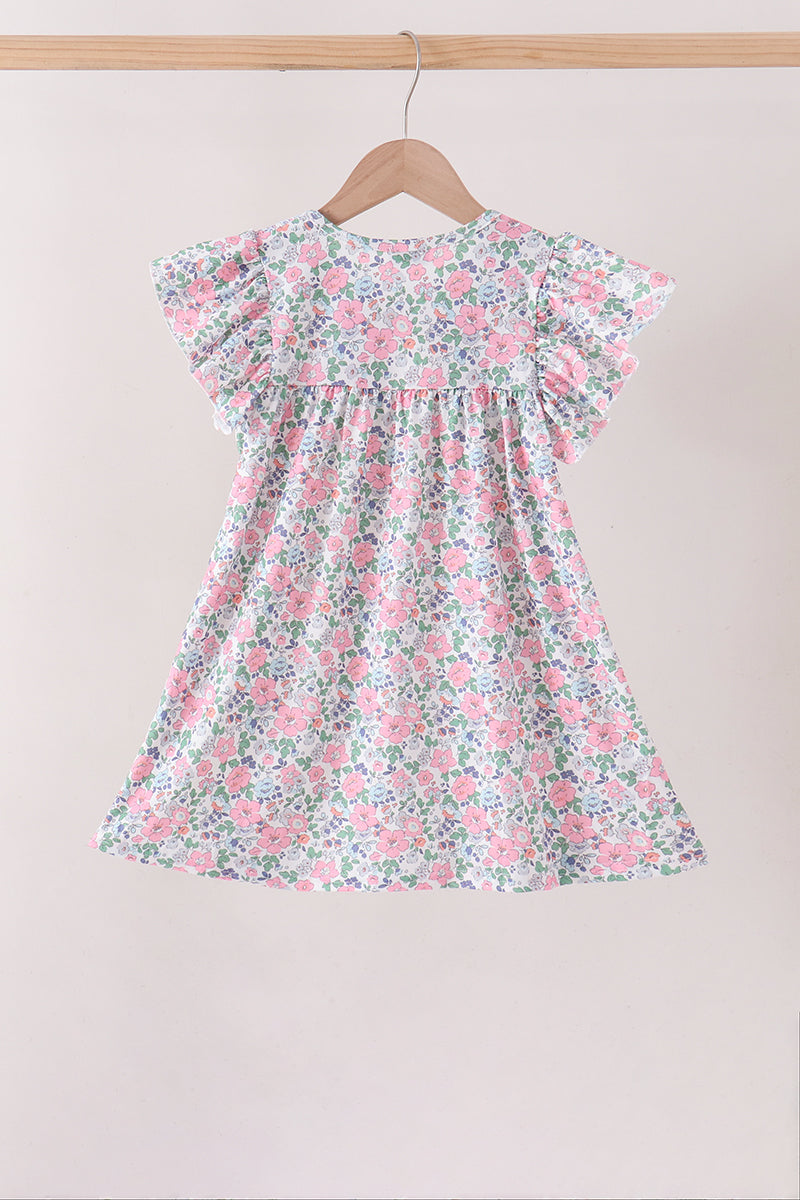 Blue Floral Smocked Ruffle Dress