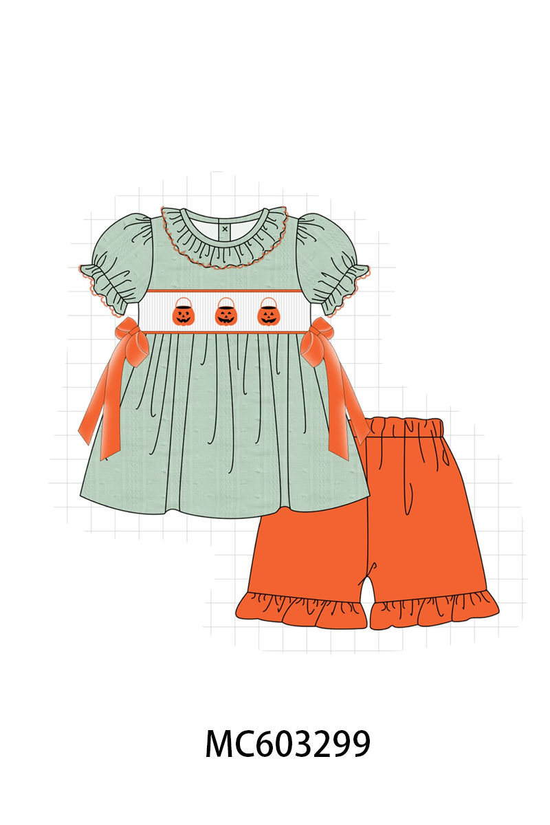 Green Pumpkin Smocked Ruffle Shorts Set