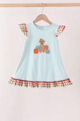 Blue Puppy Pumpkin Embroidery Gingham Ruffle Dress