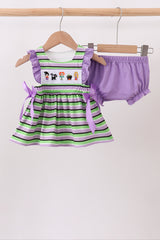 Purple witch embroidery stripe ruffle bloomer set