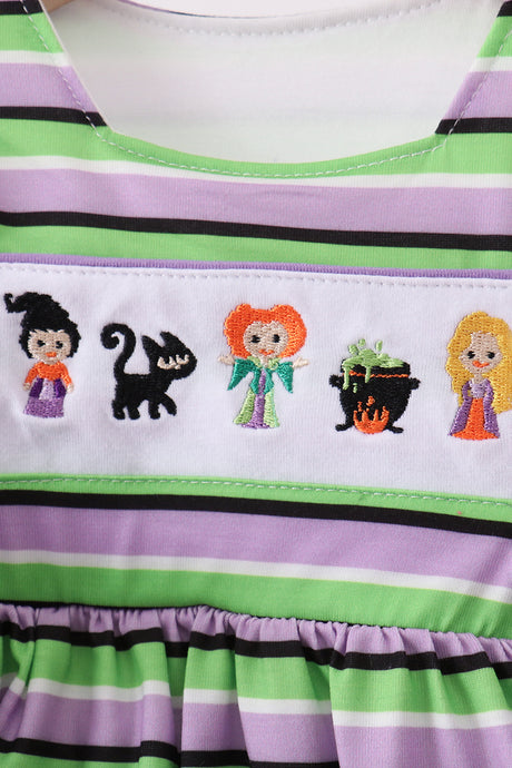 Purple witch embroidery stripe ruffle bloomer set