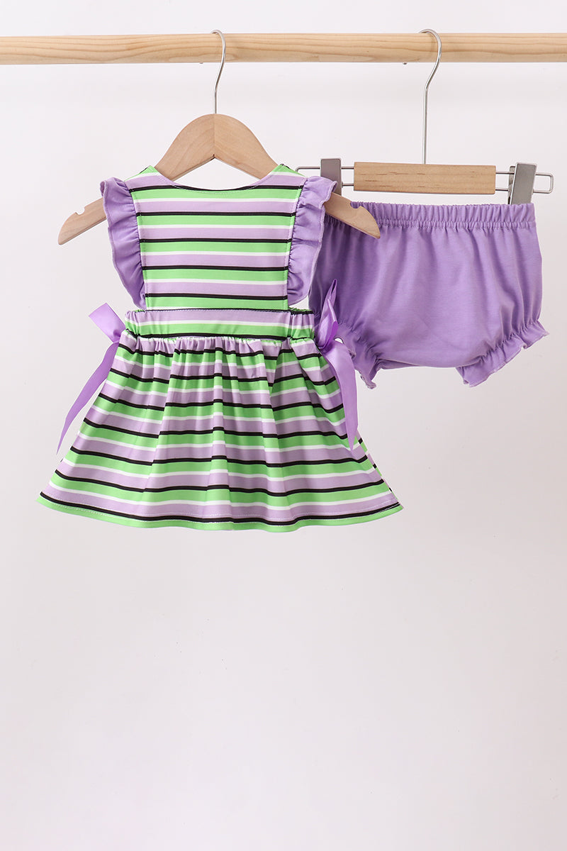 Purple witch embroidery stripe ruffle bloomer set