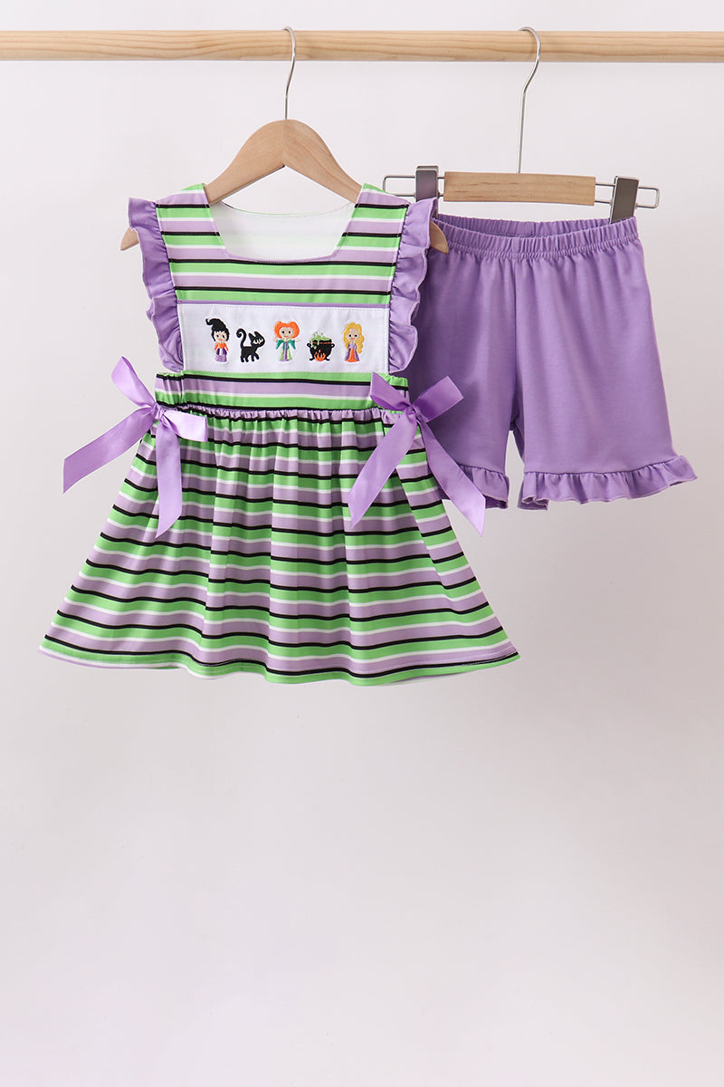 Purple witch embroidery stripe ruffle shorts set